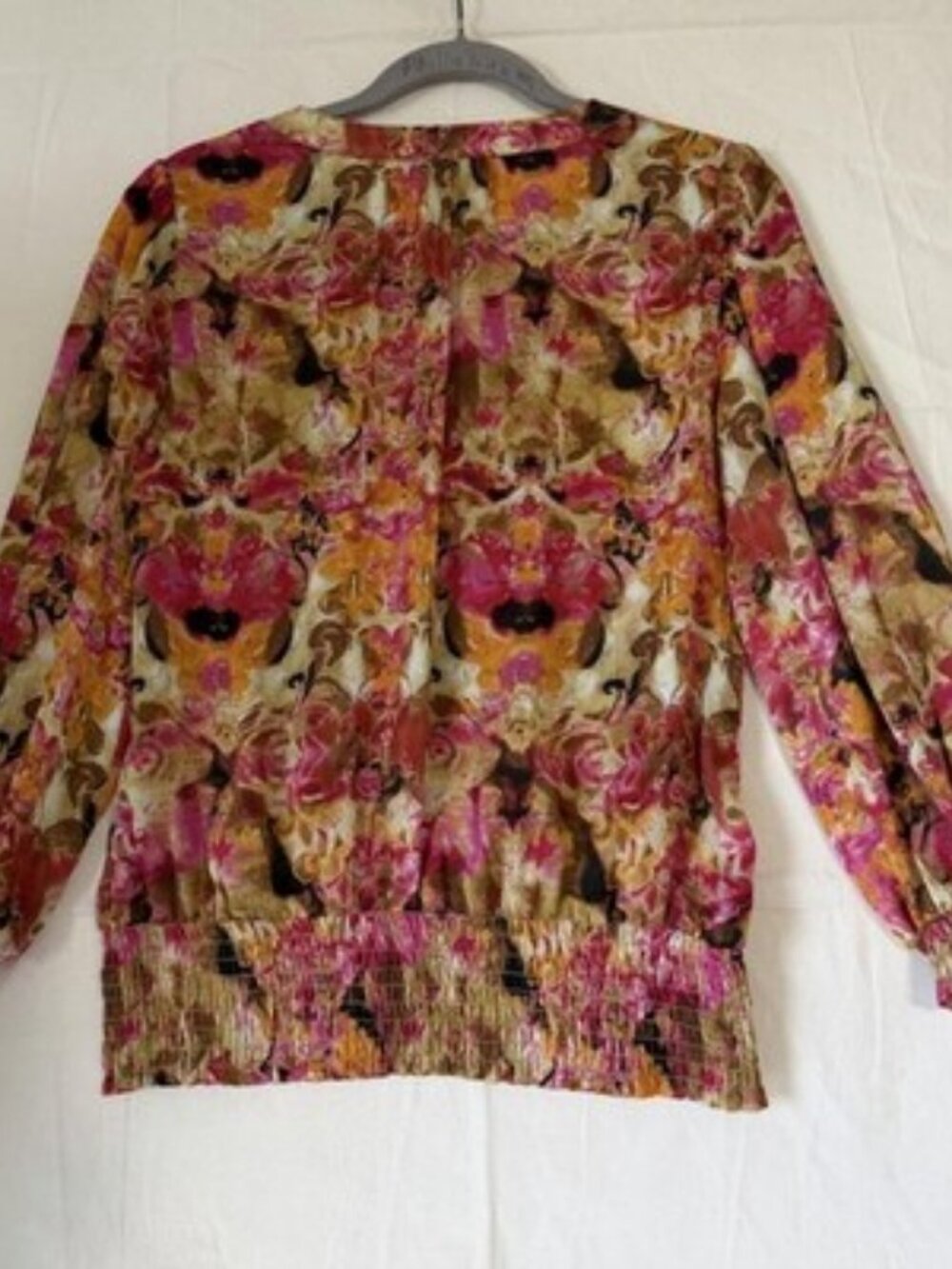 Top Womens L Multicolor Floral Long Sleeve Keyhole Neck Smocked Hem Tunic Blouse